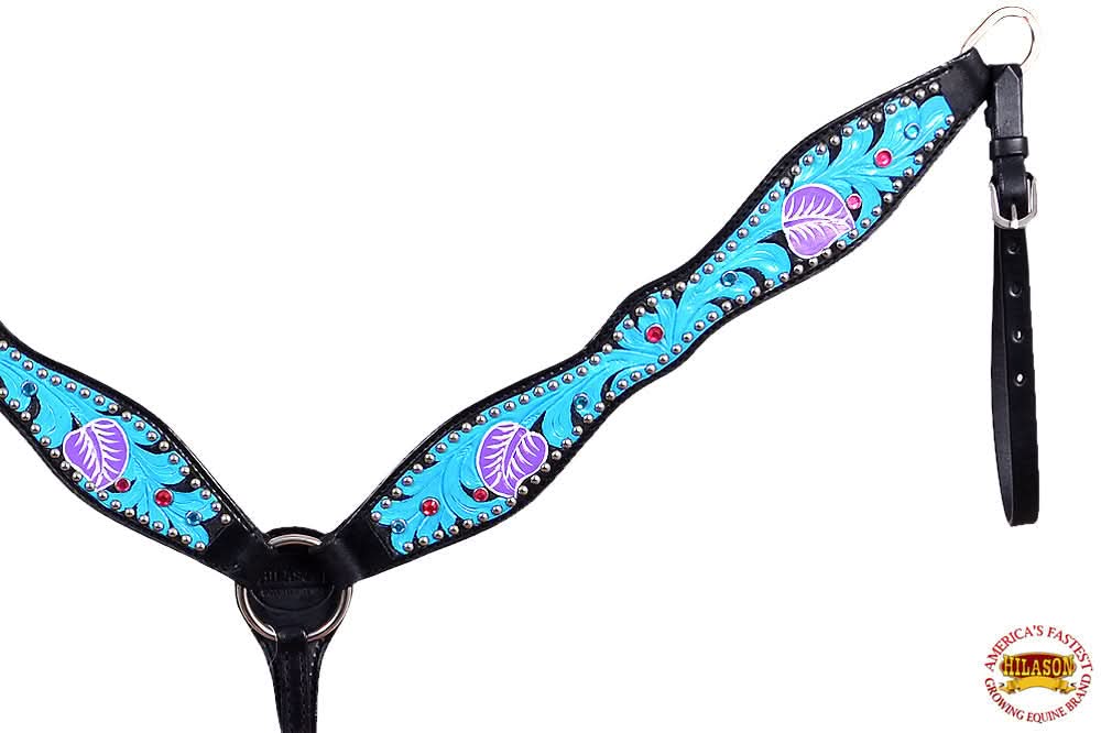Western Horse Breast Collar Tack American Leather Black Turquoise Hilason