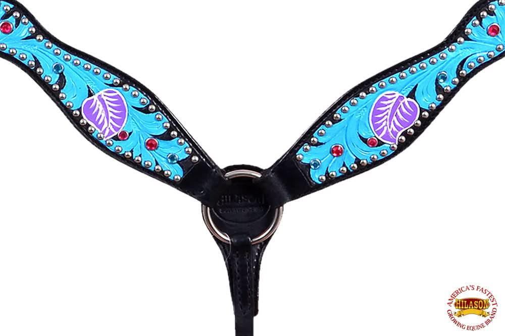 Western Horse Breast Collar Tack American Leather Black Turquoise Hilason