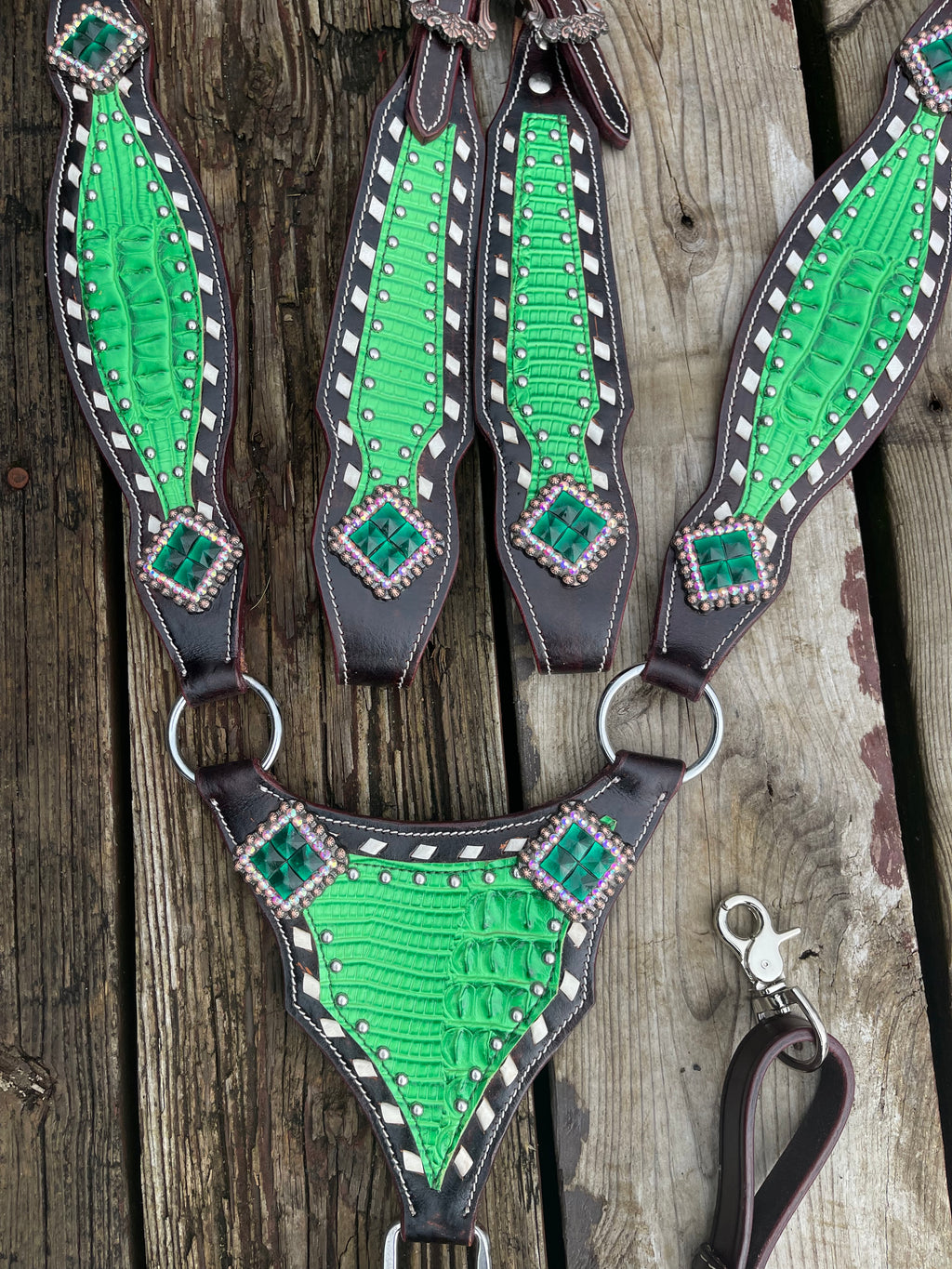 Pre Order Dark brown tack set with Lime green accent