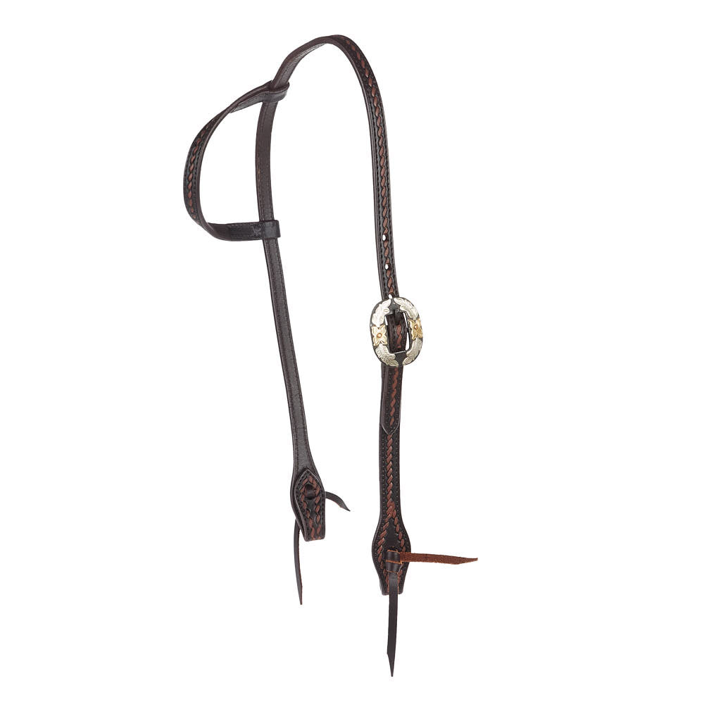 WD-RTSEH-HO-15 Heavy Oiled Rope Tooling Floral Double Buckle Single Ear Headstall