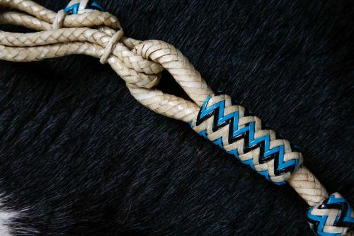Braided Natural Rawhide Romal Reins with Leather Popper and Blue Rawhide Beads