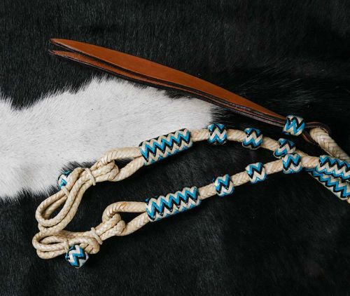 Braided Natural Rawhide Romal Reins with Leather Popper and Blue Rawhide Beads
