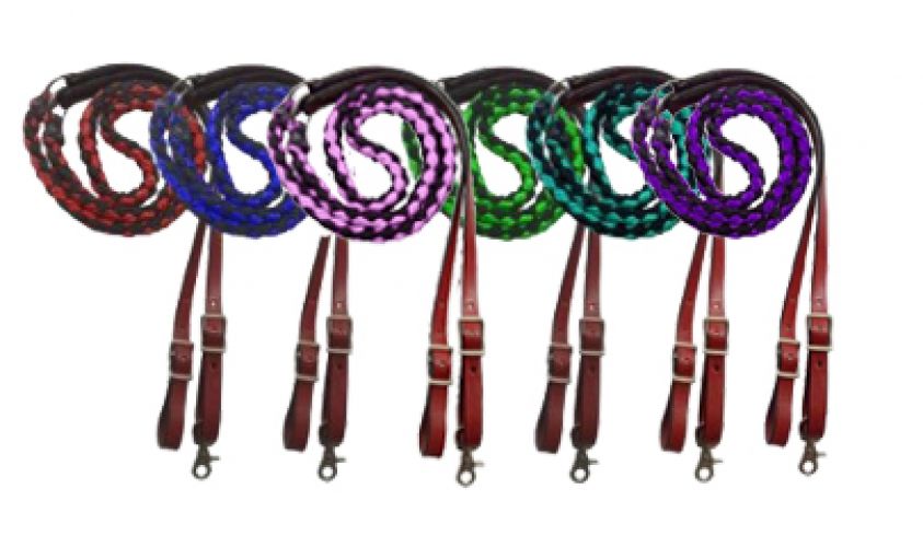 19630 - 8ft Nylon braided contest reins with leather ends (PINK)