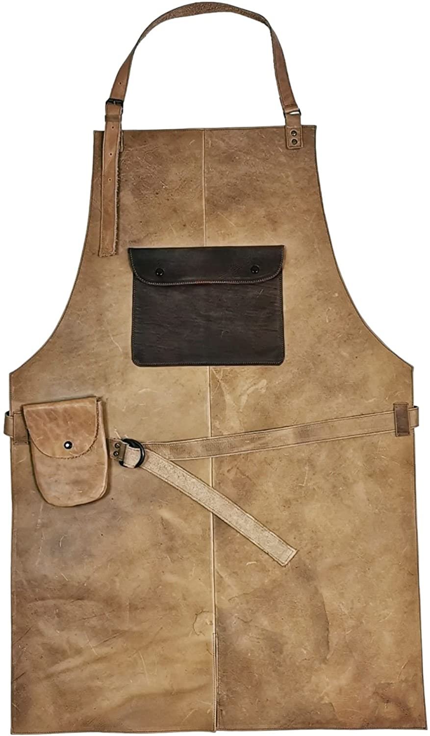 ELW Full Grain Leather Apron-1 Pouch, BBQ Apron, Men & Women's Apron, Kitchen, Cooking, Bartending, Workshop, One Size Fit