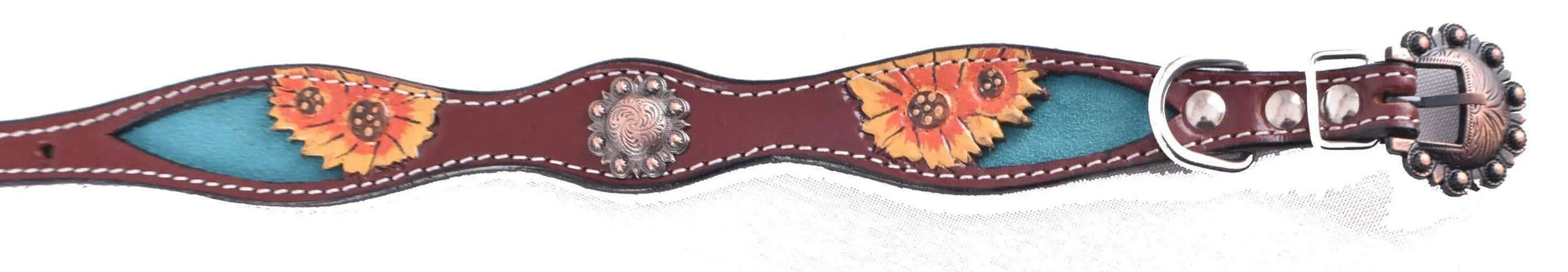 Hand Painted Sunflowers  leather dog collar with copper buckle.