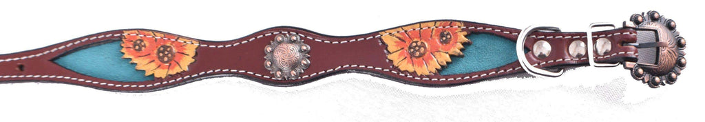 Hand Painted Sunflowers  leather dog collar with copper buckle.