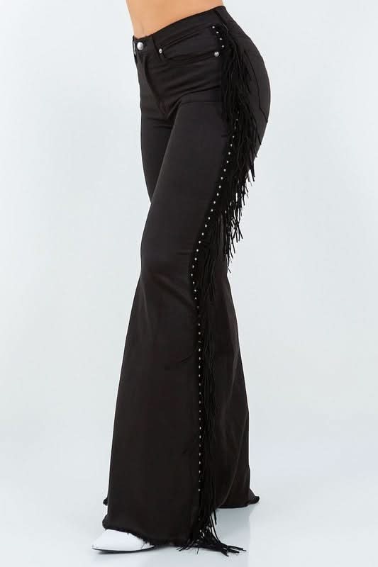 High Rise Bell Bottom Jeans Featuring Tassel Detailing Pockets Inseam Thirty Inches