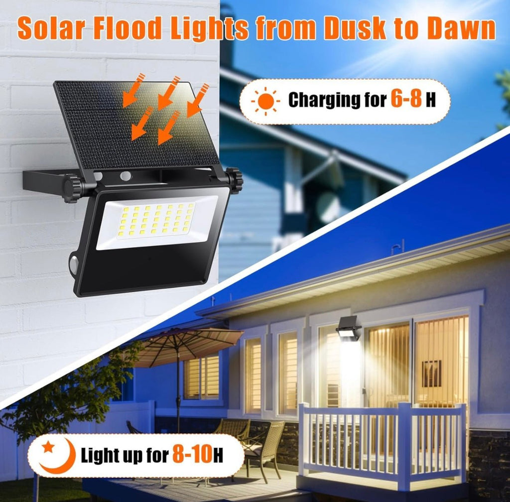 SmartYard 2-Pack Solar Security Flood Lights Outdoor, 2000 Lumens, Metal & Glass Radar Motion Sensor Lights, 30FT 180° Detection