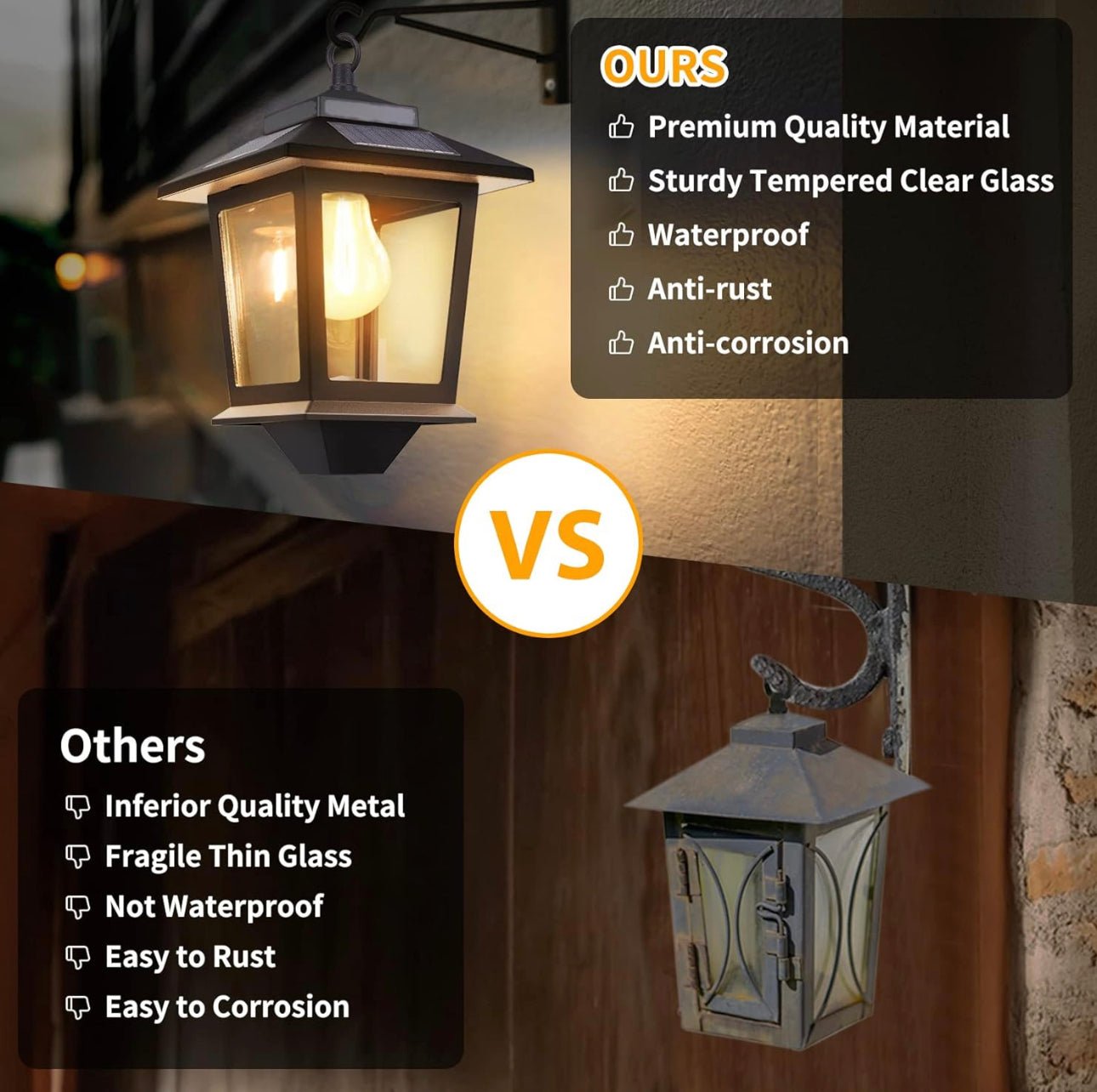 2 Pack SmartYard Solar Wall Hanging Lanterns with Replaceable Bulb, 4 Solar Panels,Anti-Rust