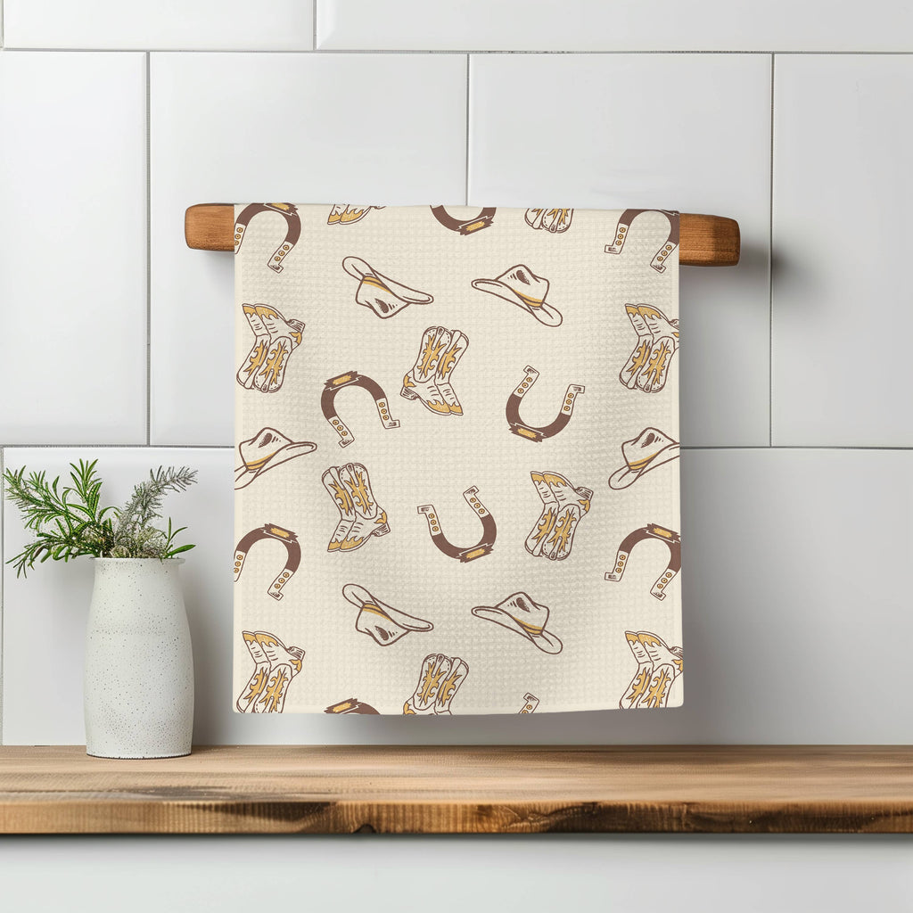 Retro Western Horse Boots Cowboy Hat Kitchen Towel Waffle