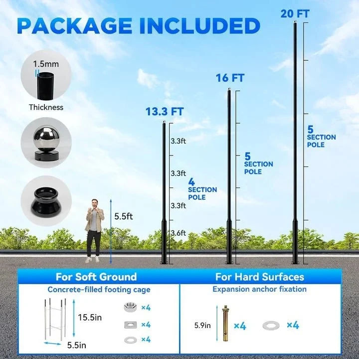 20Ft Commercial Grade Street/Parking/Flag Light Pole, Aluminum + Cage  1-Pack