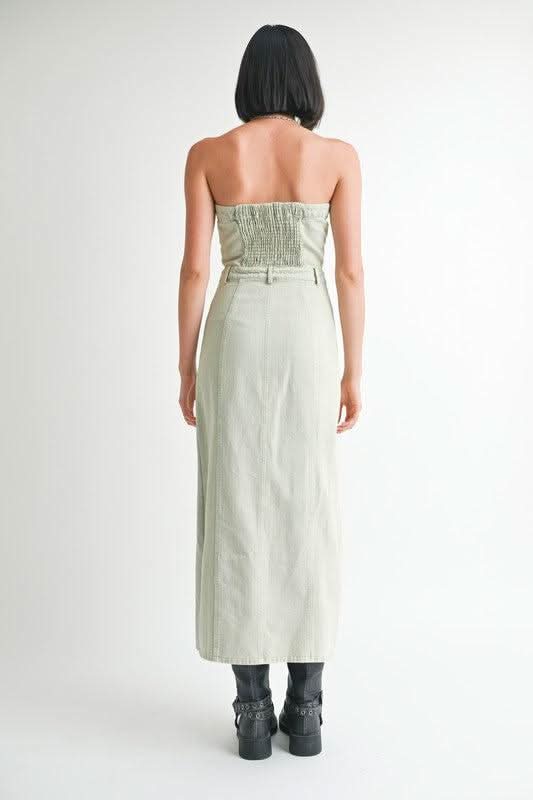 BUTTON UP TUBE DENIM DRESS WITH SLIT