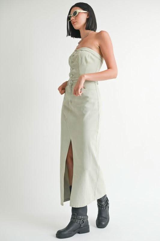 BUTTON UP TUBE DENIM DRESS WITH SLIT