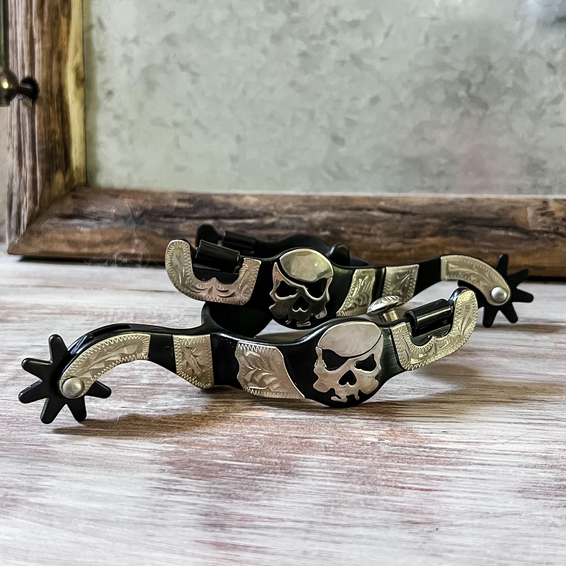 AJ Tack Men's Antique Brown Pirate Skull Spurs