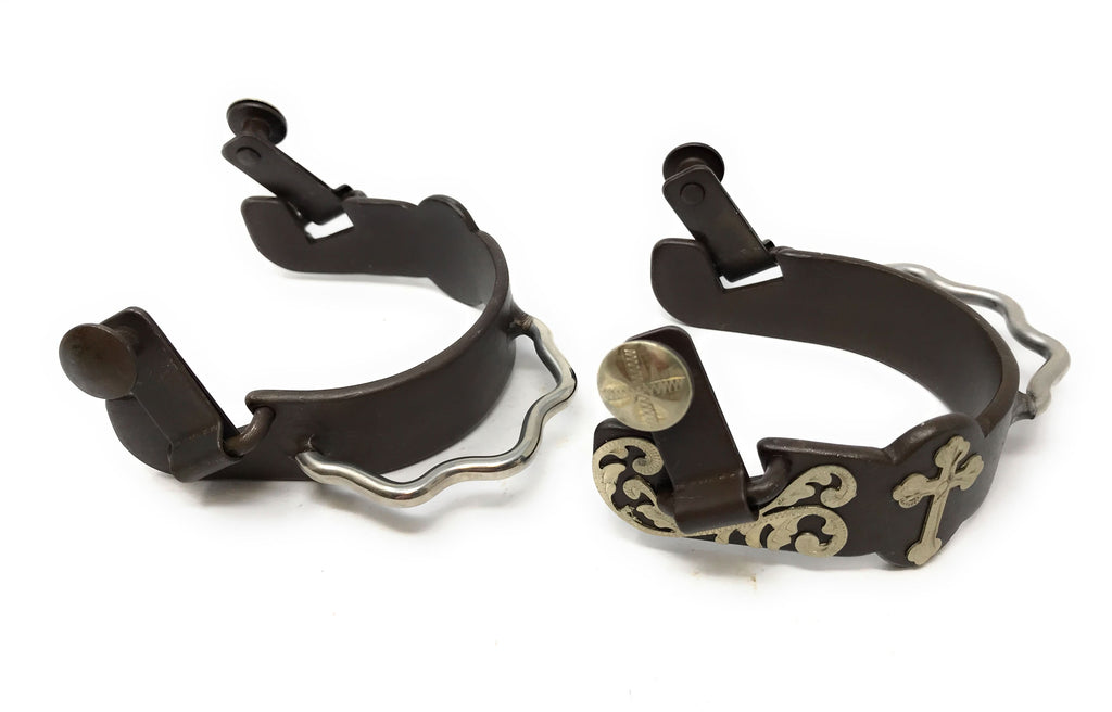 AJ Tack Men's Antique Brown Bumper Spurs with Silver Cross and Floral Engraving