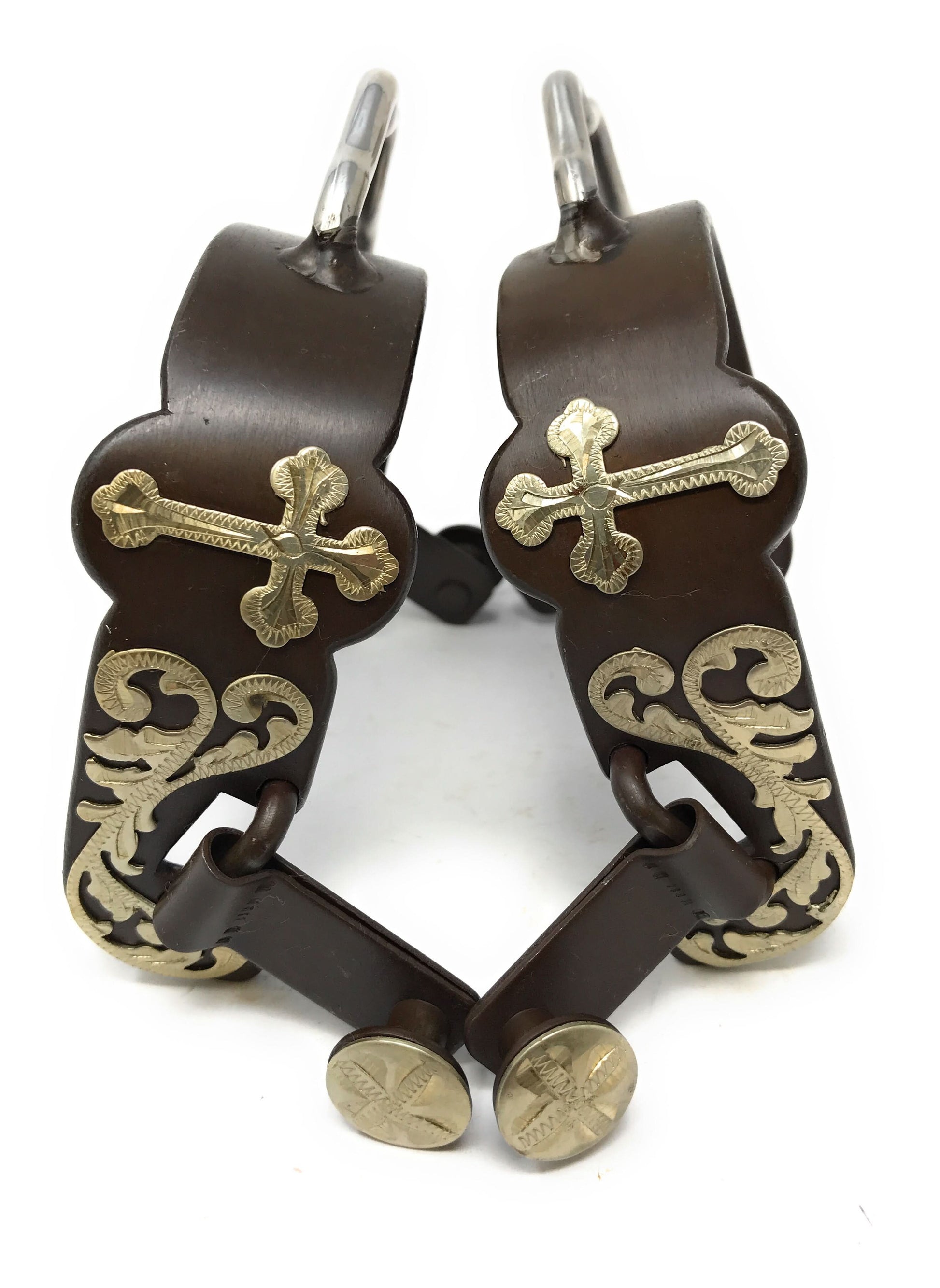 AJ Tack Men's Antique Brown Bumper Spurs with Silver Cross and Floral Engraving