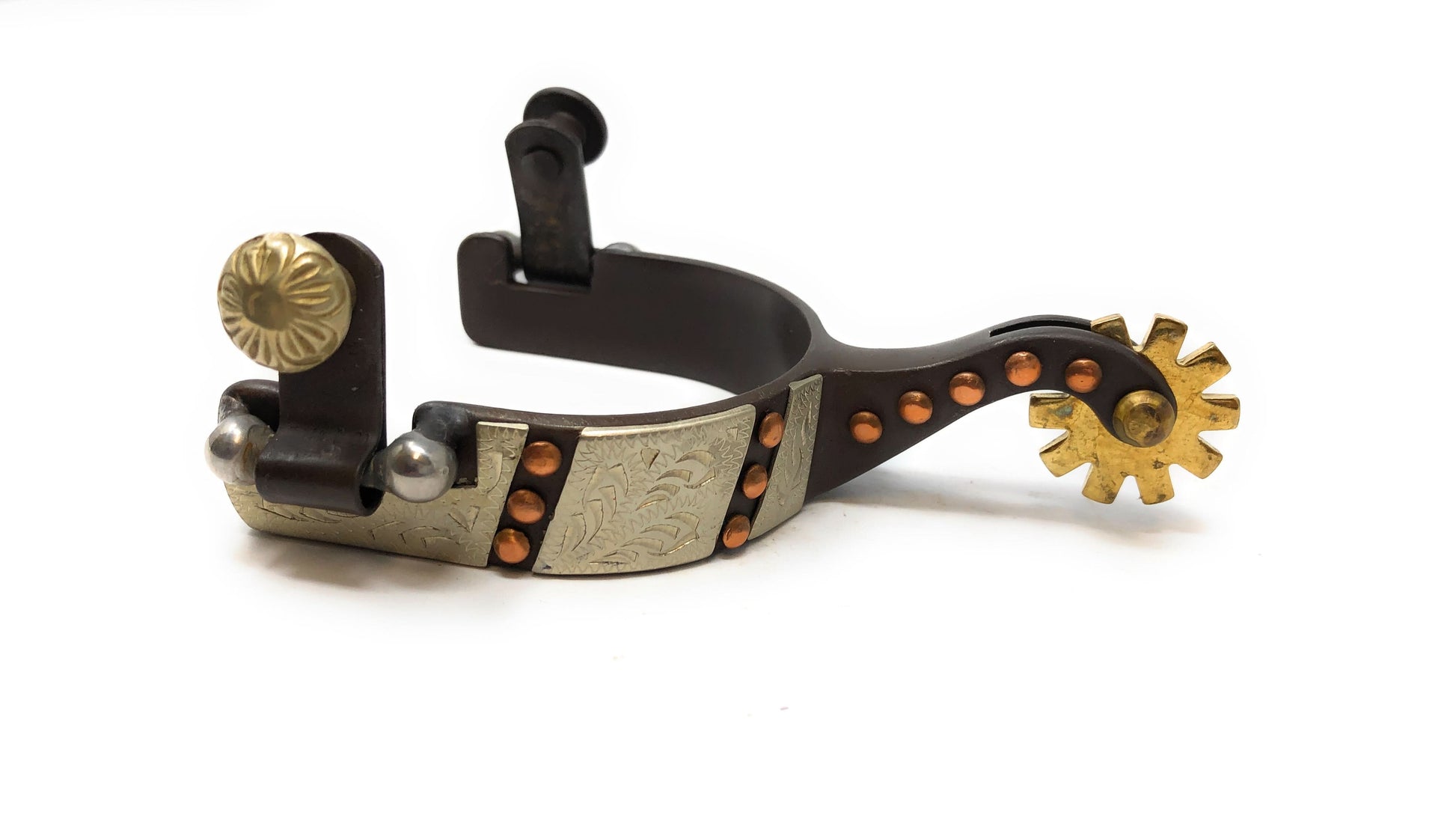 AJ Tack Youth Antique Brown Western Engraved Spurs with Copper Dots