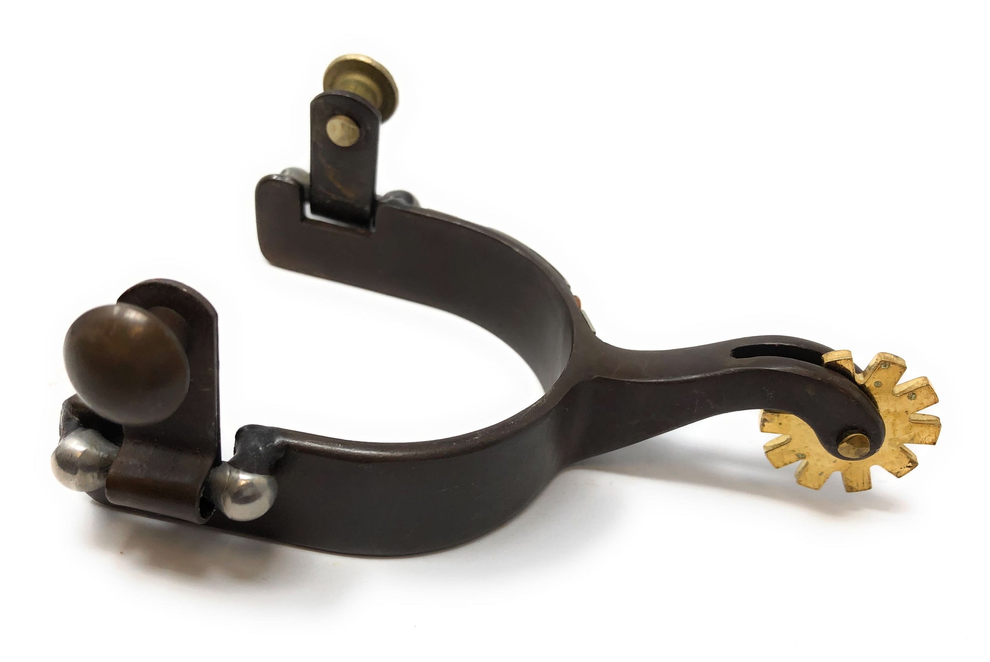 AJ Tack Youth Antique Brown Western Engraved Spurs with Copper Dots