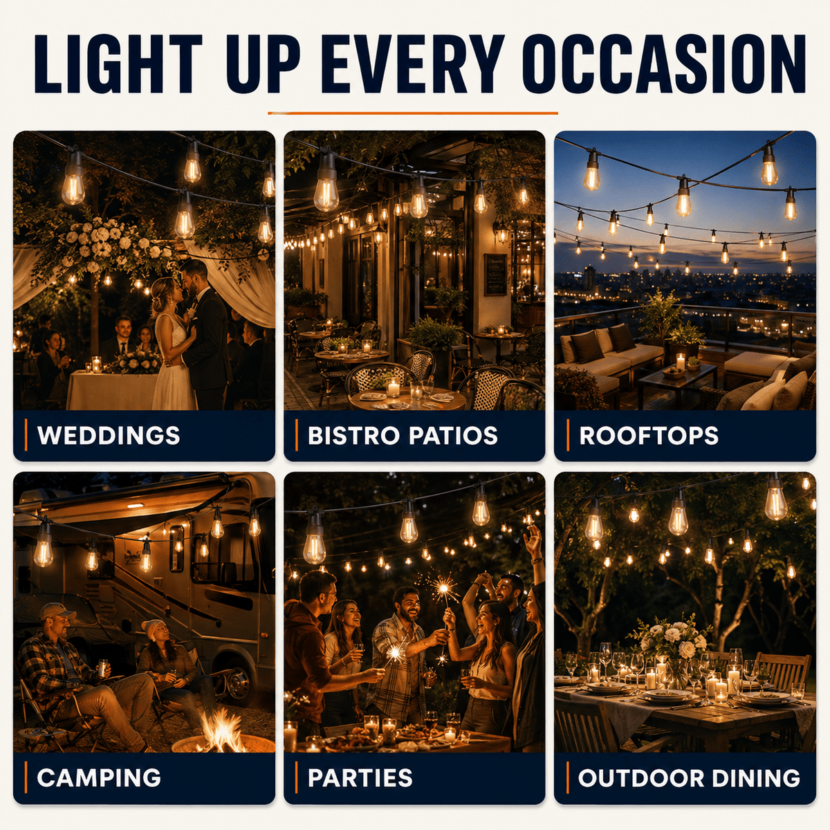 48Ft Solar Powered String Lights Waterproof LED Hanging Edison Bulb Lights with 15 Bulbs