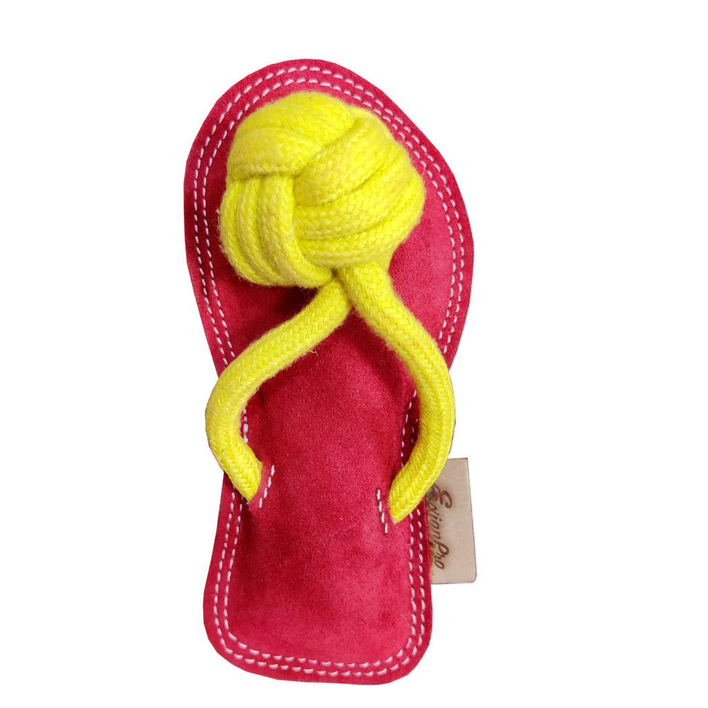 ExionPro Natural Leather Slipper Dog Toy with Non Toxic Fiber Stuffing - Red/Yellow Color
