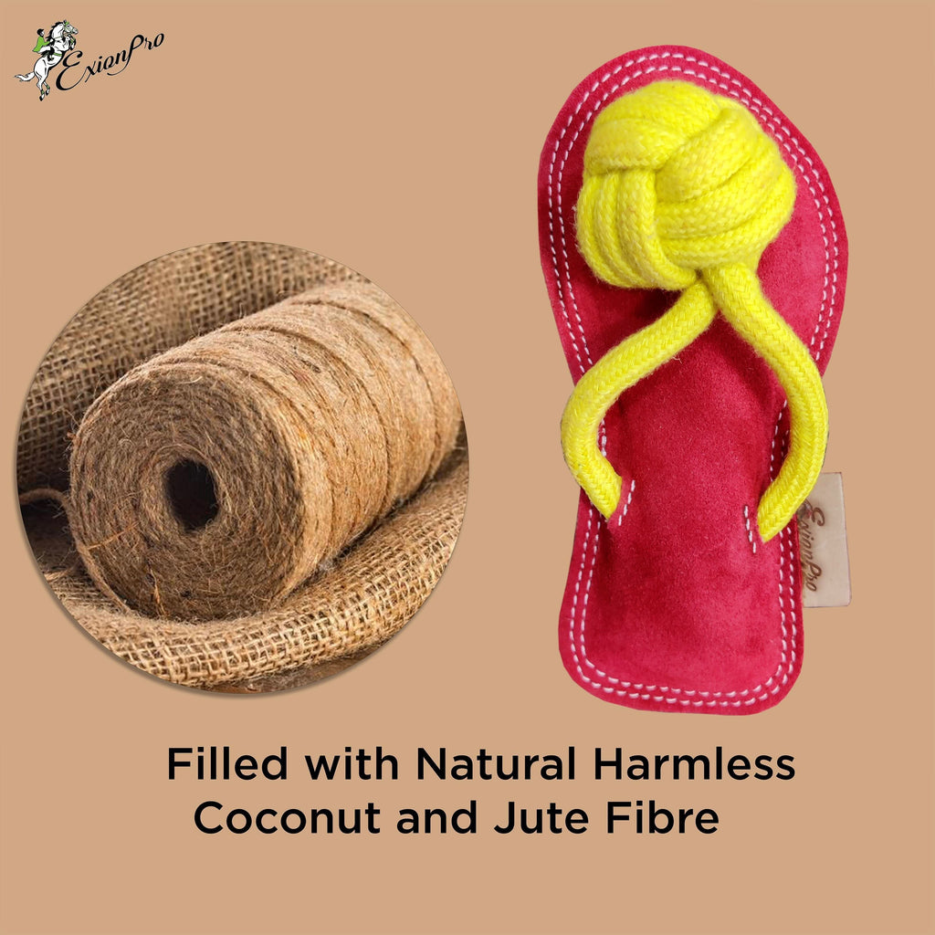 ExionPro Natural Leather Slipper Dog Toy with Non Toxic Fiber Stuffing - Red/Yellow Color