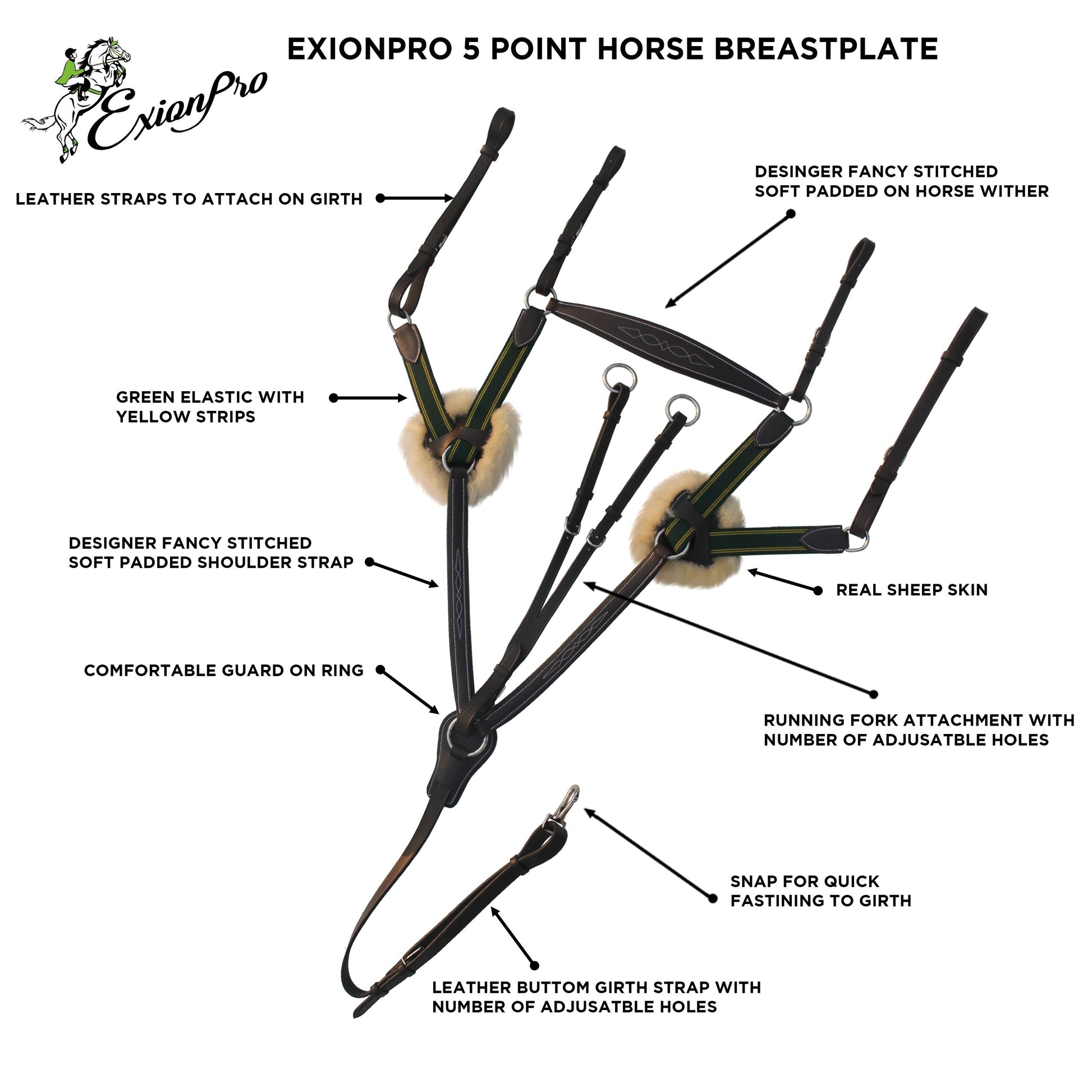 ExionPro 5 Point Breastplate with Sheepskin Padding - Green Elastic & Yellow Lines