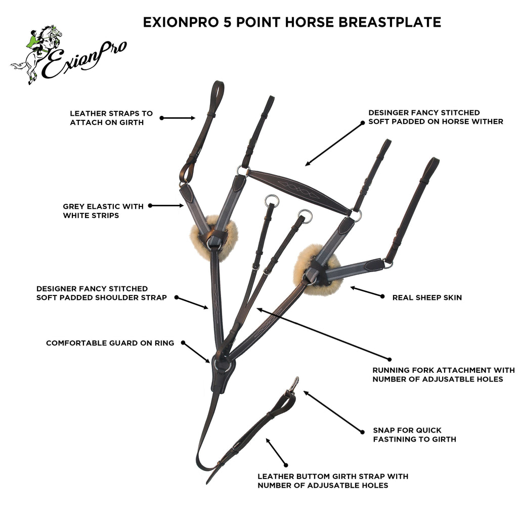 ExionPro 5 Point Breastplate with Sheepskin Padding - Grey Elastic & White Lines