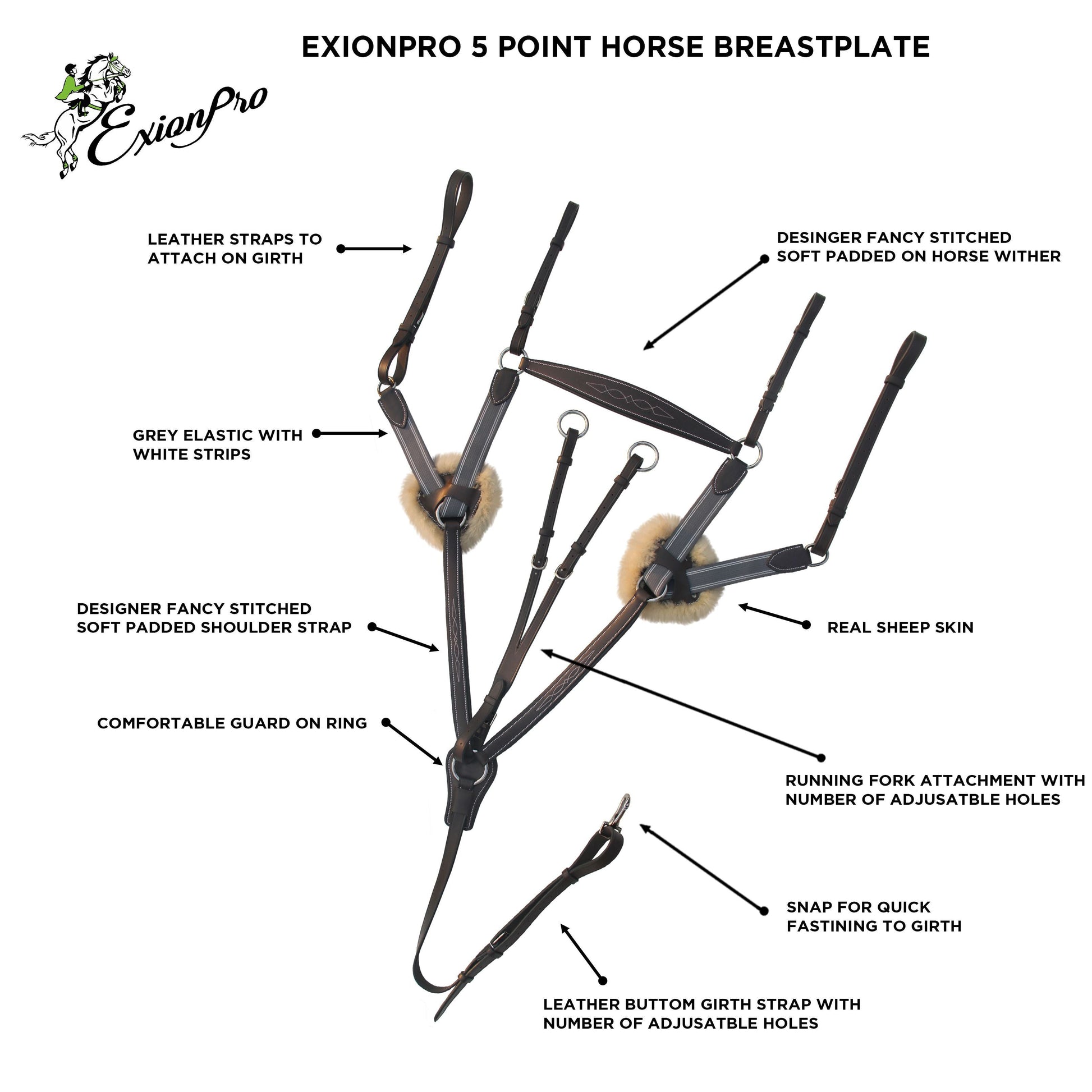 ExionPro 5 Point Breastplate with Sheepskin Padding - Grey Elastic & White Lines
