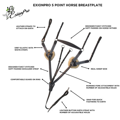 ExionPro 5 Point Breastplate with Sheepskin Padding - Grey Elastic & White Lines
