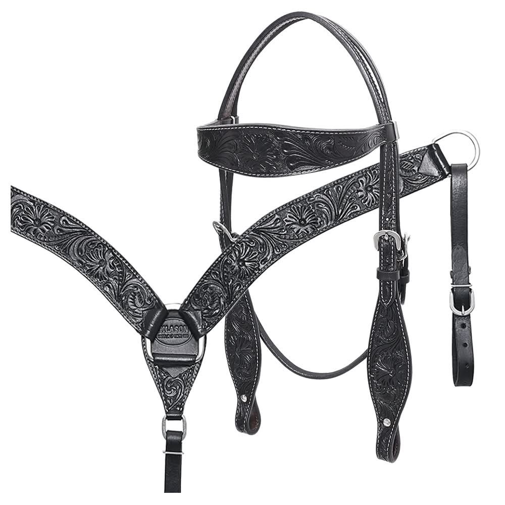 HILASON Western Horse Breast Collar Headstall Genuine American Leather Floral Black