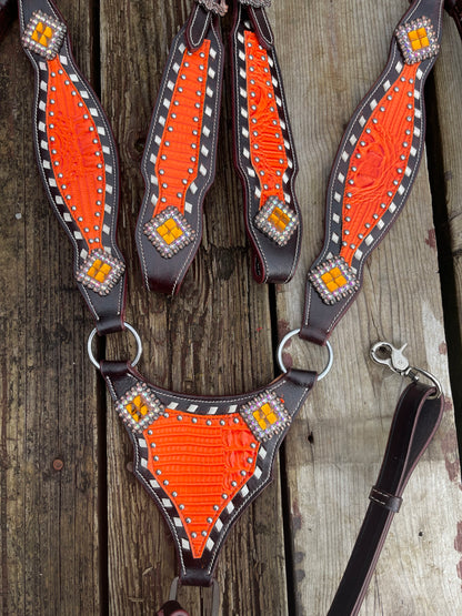 Dark brown tack set with vibrant orange accent