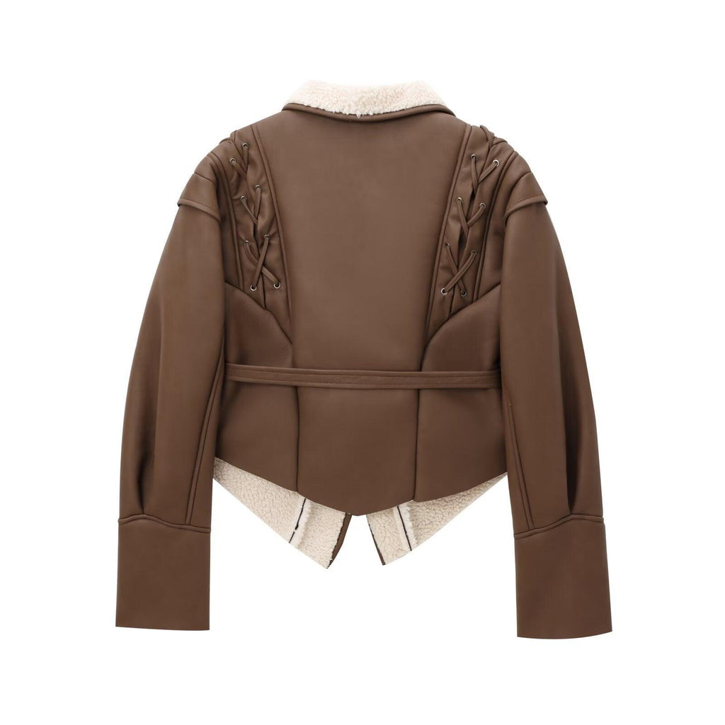 Chic French Waist Suede Jacket - Stylish Chocolate Leather Jacket for Women