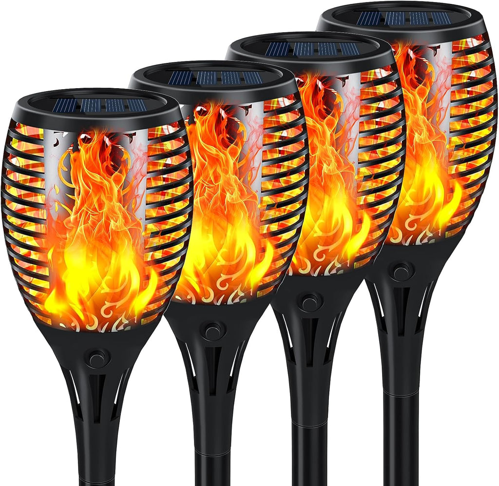 4-Pack Solar Flickering Flame Torch Lights – 23 Inch, 33 LEDs, Dusk-to-Dawn, IP65 Outdoor Lights