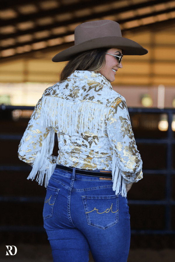 GOLD GILDED VELVET WITH FRINGE PERFORMANCE RODEO SHIRT