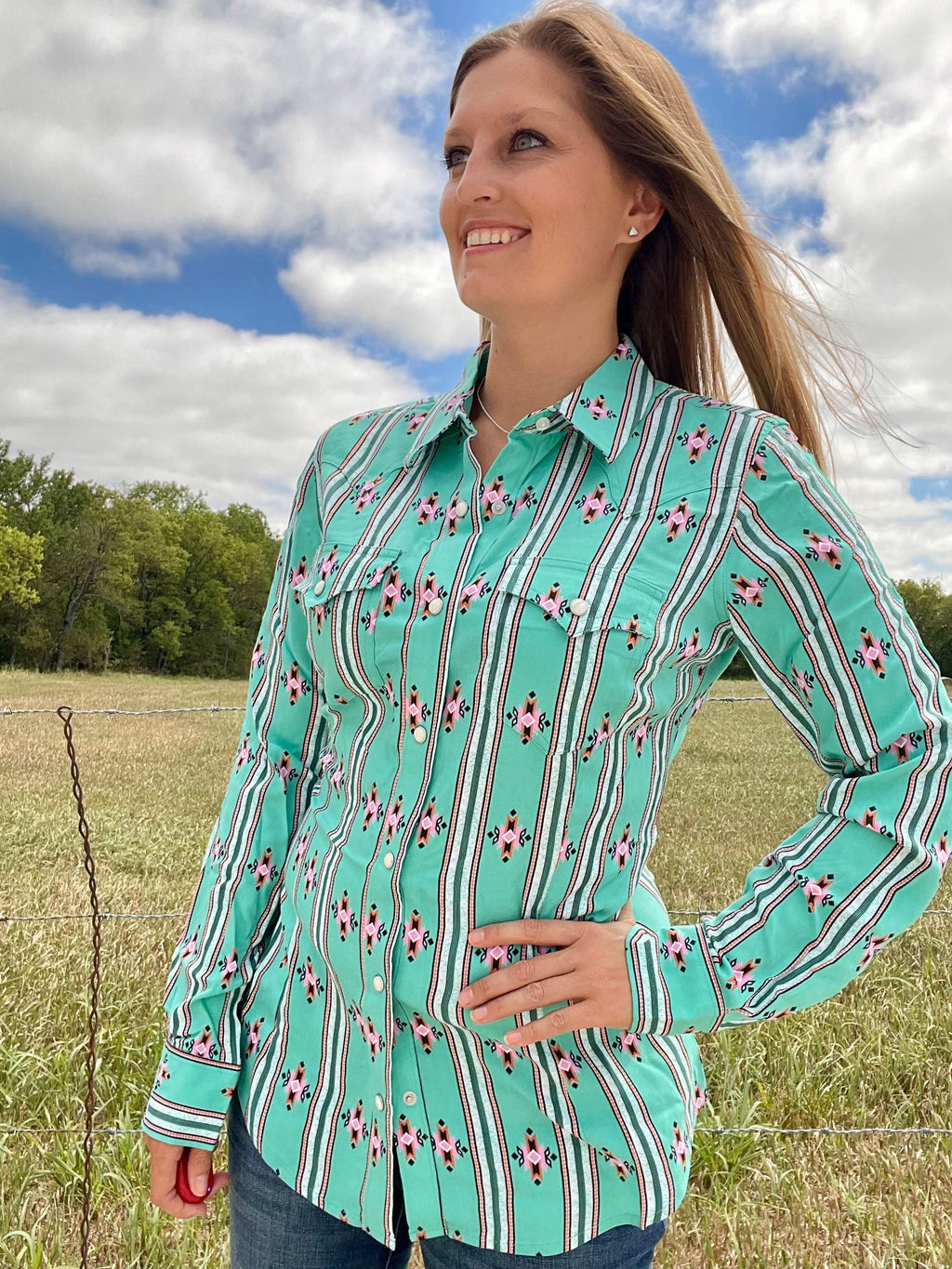 Women's Wrangler Retro® Long Sleeve Southwestern Stripe Western Snap Shirt In Green Print - SALE