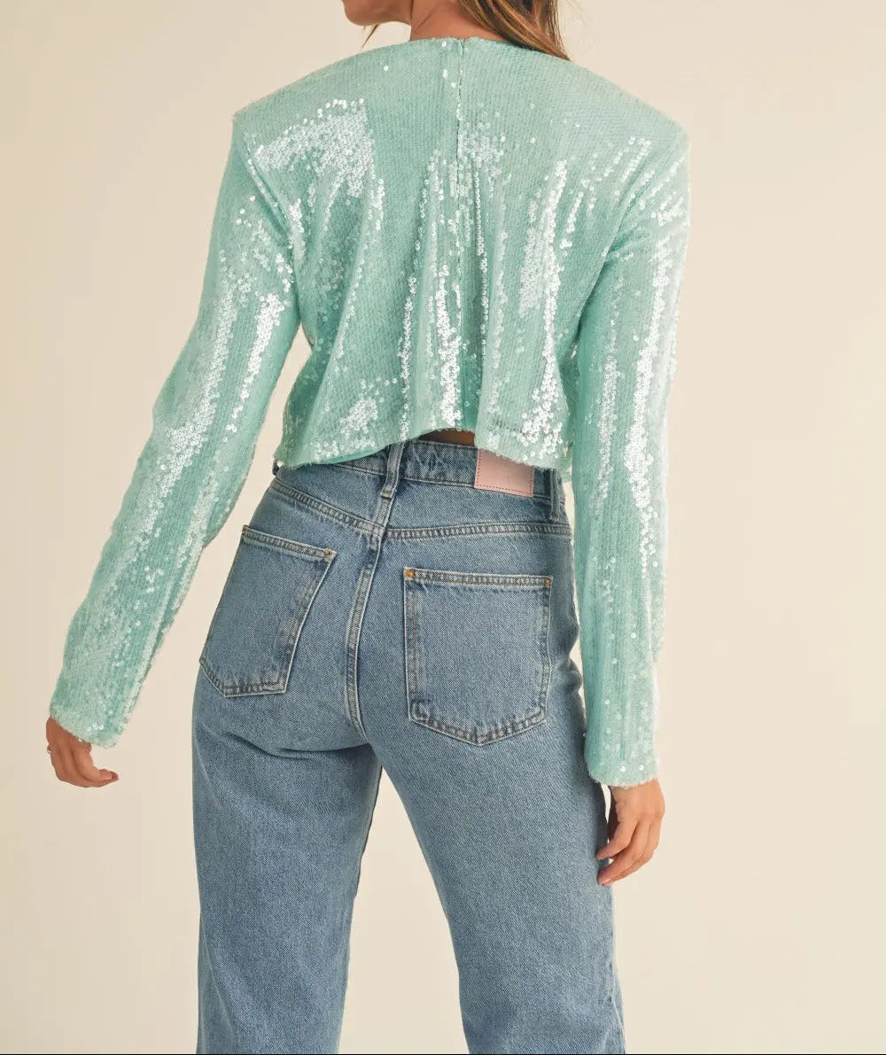 Minted Shoulder Padded Sequin Crop Top