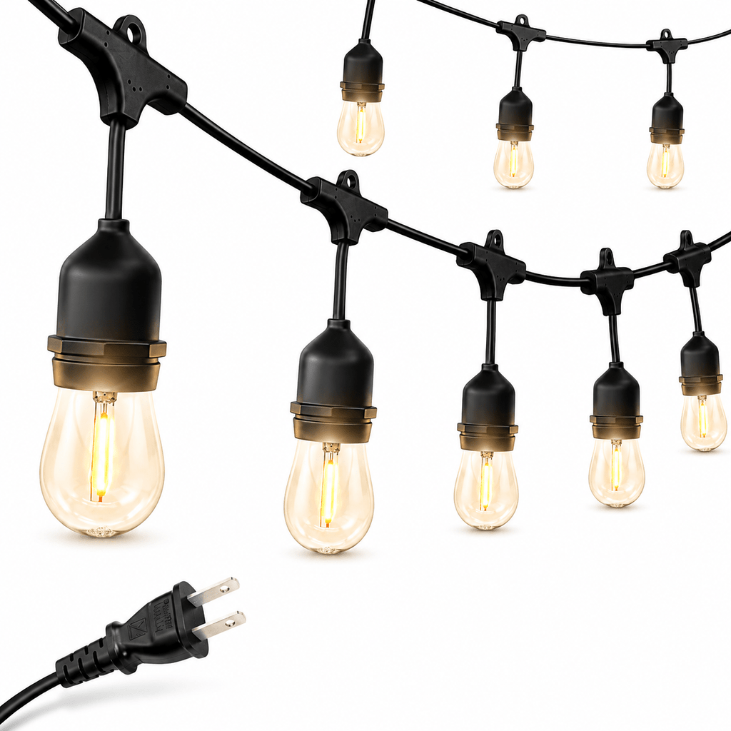 48 Ft Plug-In LED Outdoor String Lights Waterproof- Hanging, Dimmable 2W Vintage Edison Bulbs