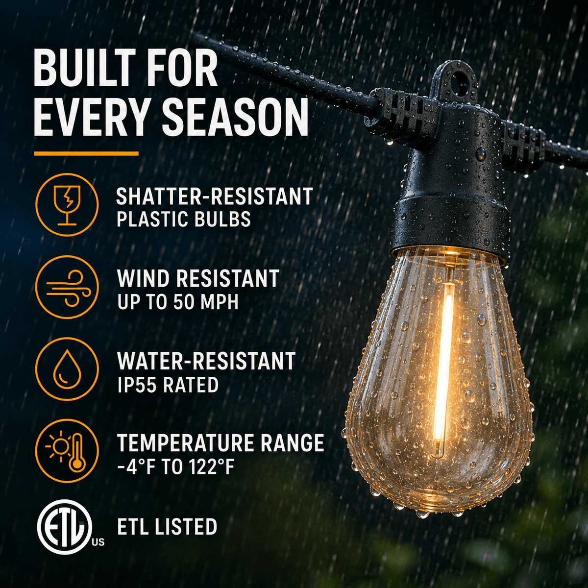 48Ft Solar Powered String Lights Waterproof LED Hanging Edison Bulb Lights with 15 Bulbs