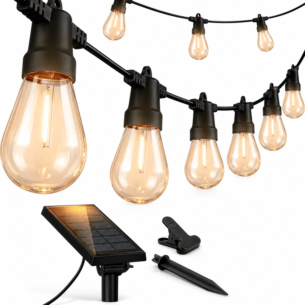 27F Solar Powered String Lights Waterproof LED Hanging Edison Bulb Lights with 12 Bulbs