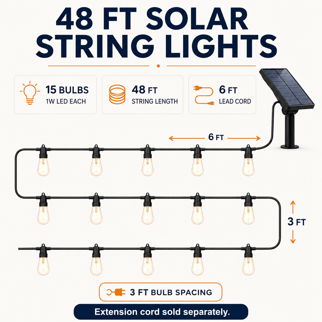 48Ft Solar Powered String Lights Waterproof LED Hanging Edison Bulb Lights with 15 Bulbs
