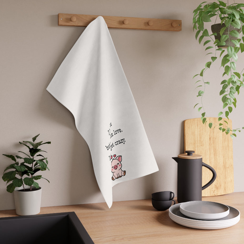 Bacon Lover's Tea Towel with cute Pig "I love you but not bacon love. Let's not get crazy" funny kitchen towel for meat eaters, bachelor house warming gift, Frat house decor