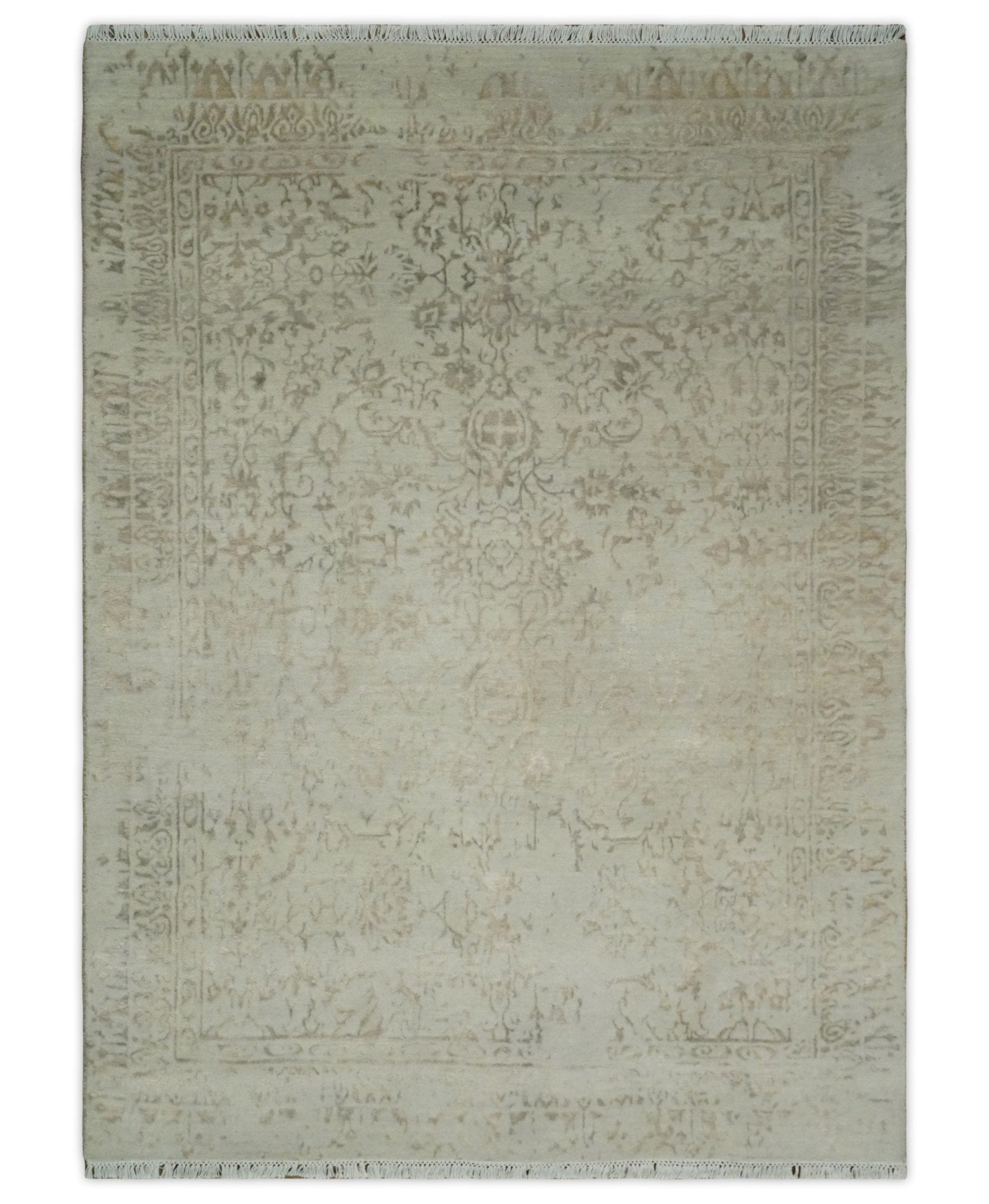 5x7 Fine Hand Knotted Beige and Brown Traditional Style Antique Wool and Silk Rug