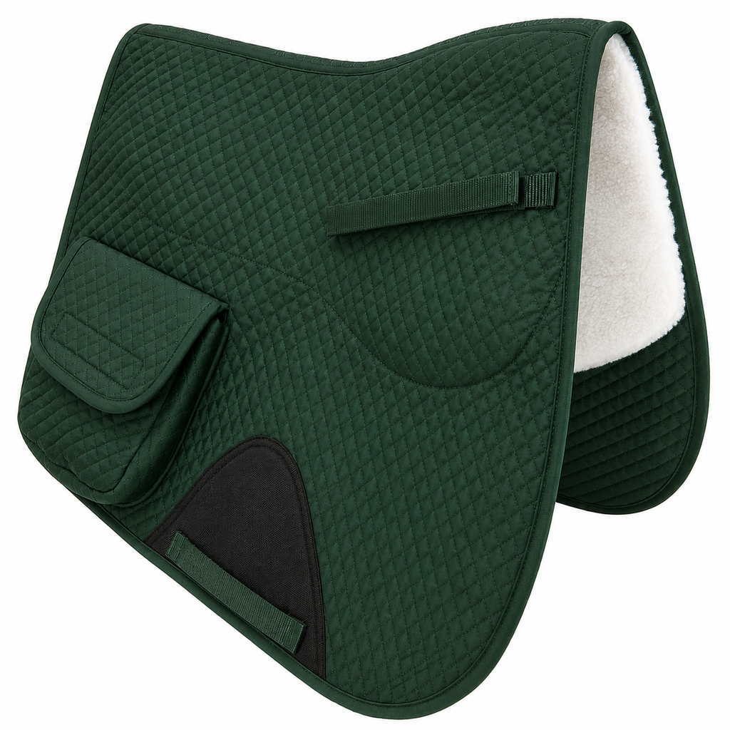 Derby Originals All Purpose English Saddle Pad with Pockets Half Fleece lined for Shock Absorbing Wither Relief Design for comfort and Trail Riding.