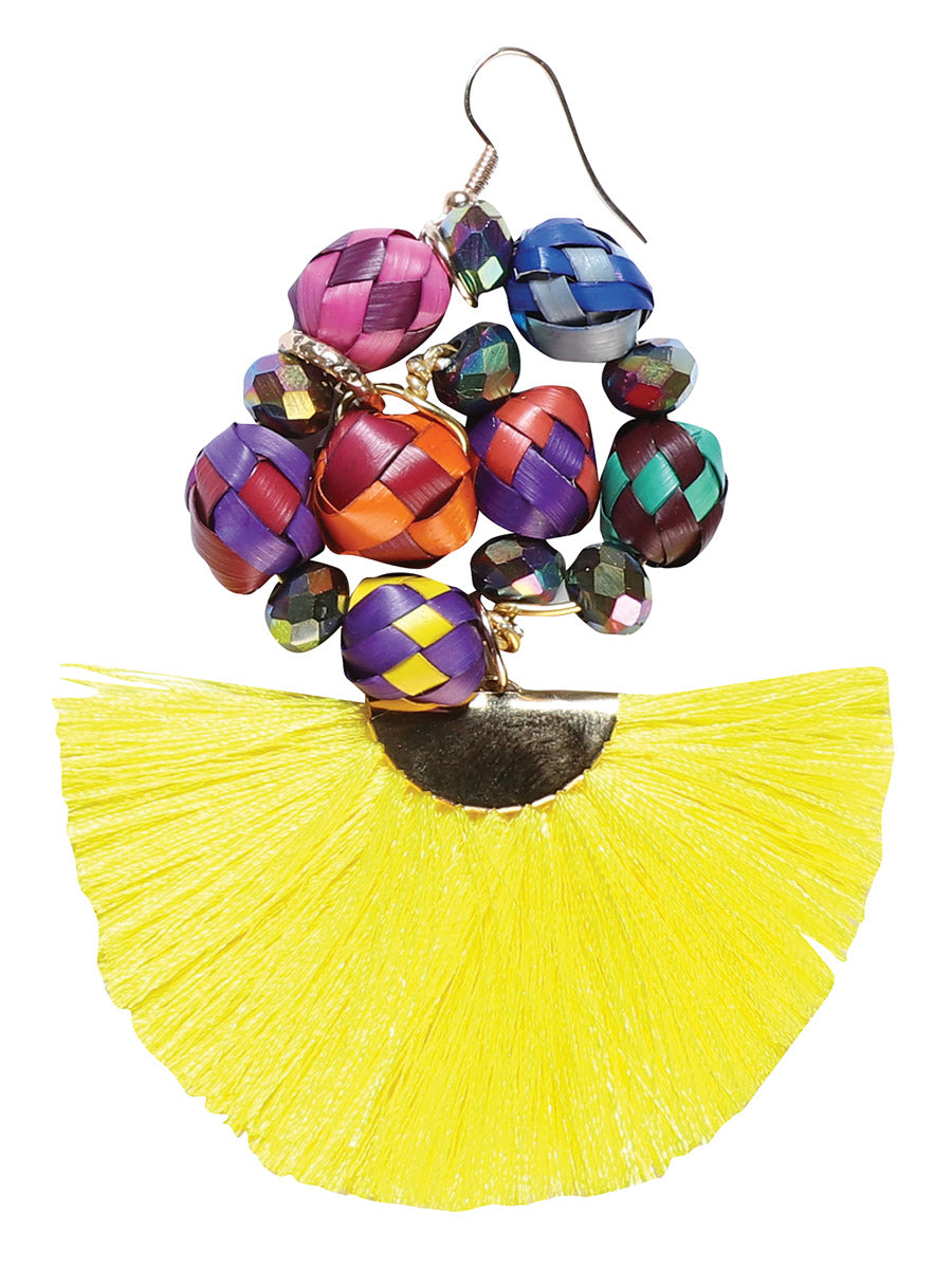 Artisanal Handcrafted Earrings Palm-Silk Thread Yellow 602573