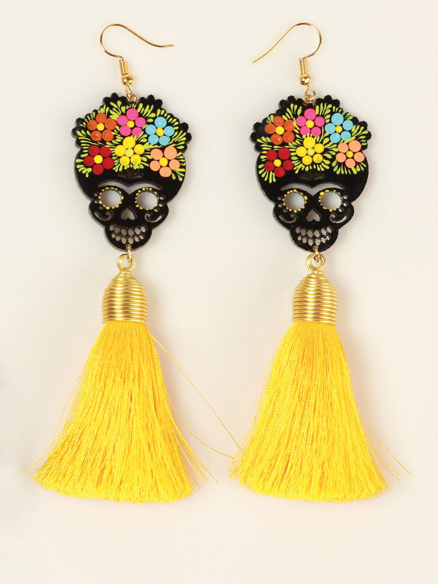 Artisanal Hand Painted Earrings Wood-Silk Thread Yellow 602942