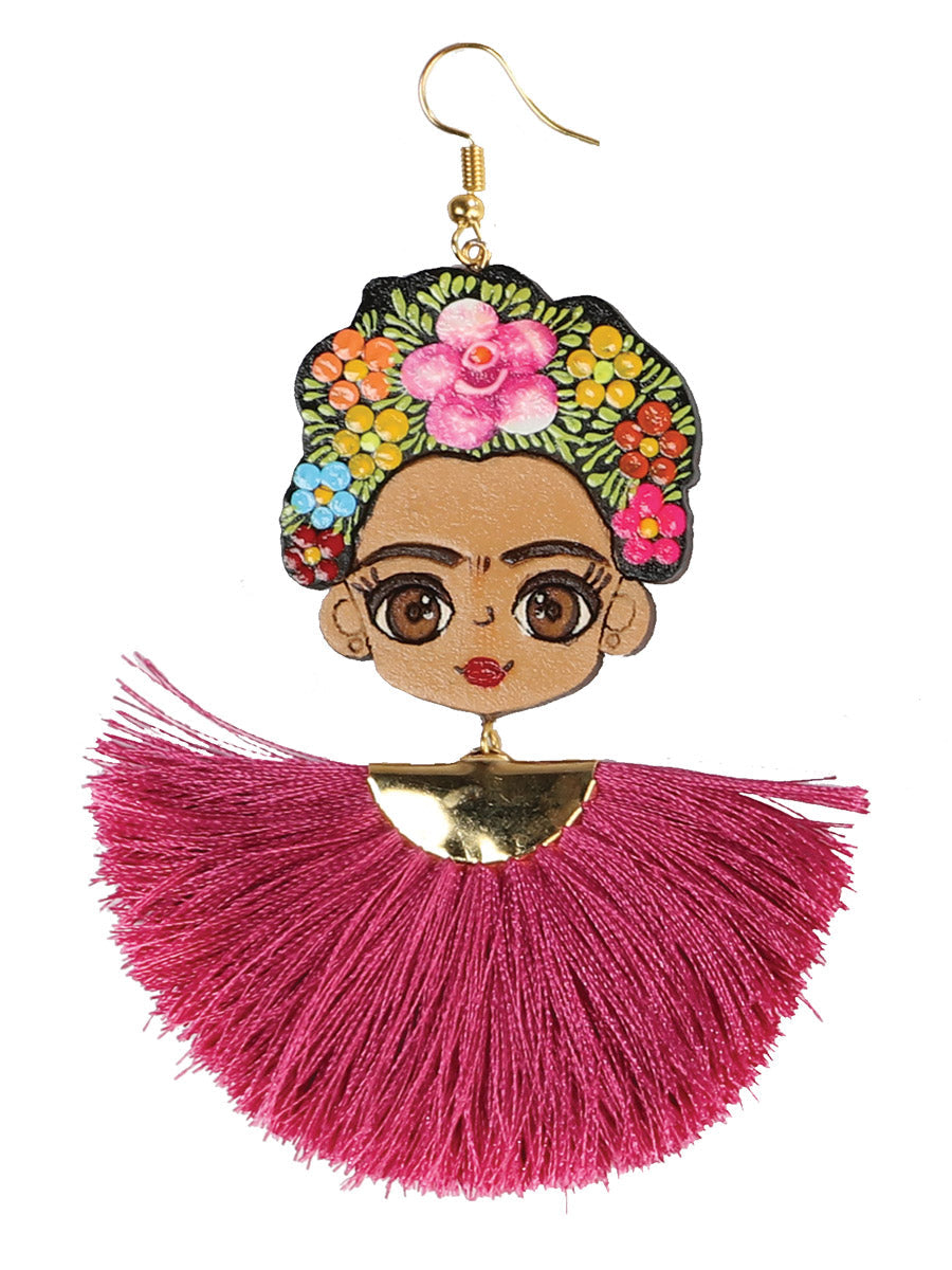 Artisanal Hand Painted Earrings Wood-Silk Thread Fuchsia 602991