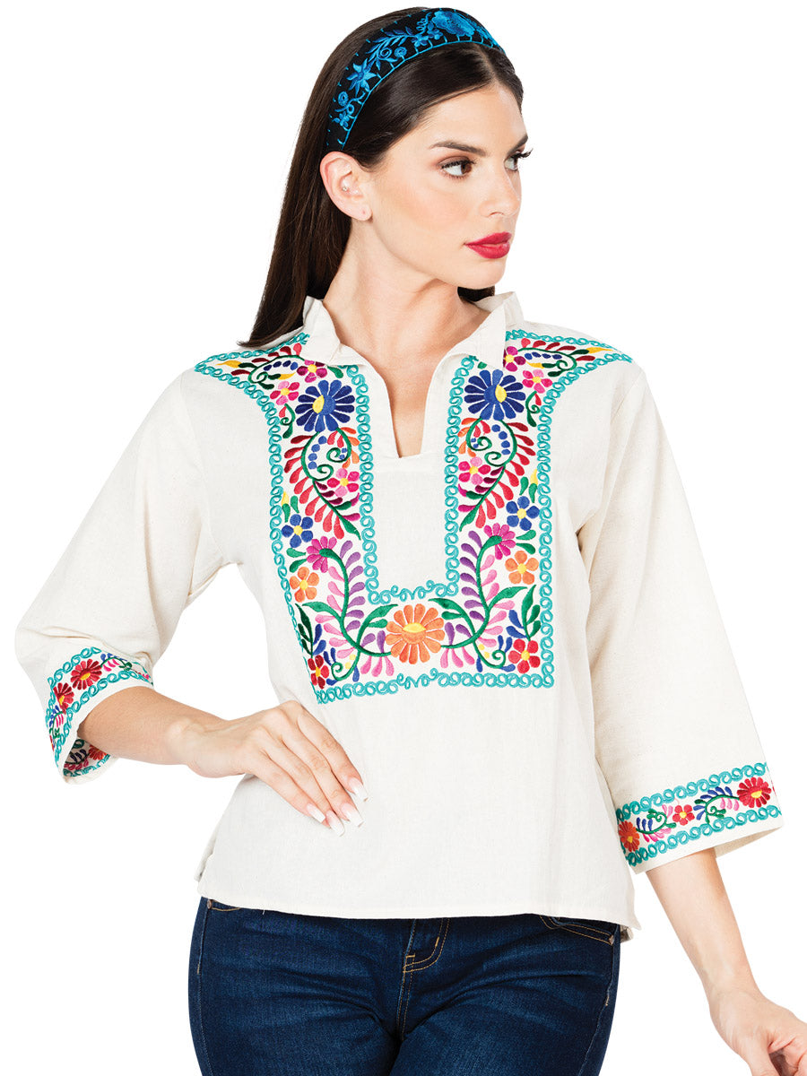 Artisanal Embroidered Blouse 100% Cotton Beige 603060