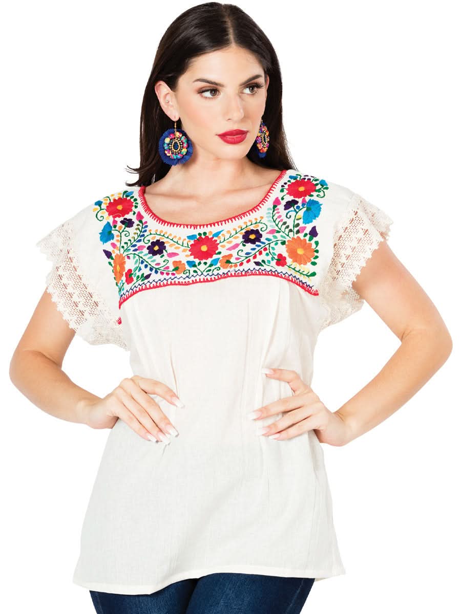 Artisanal Embroidered Blouse 100% Cotton Beige 603097