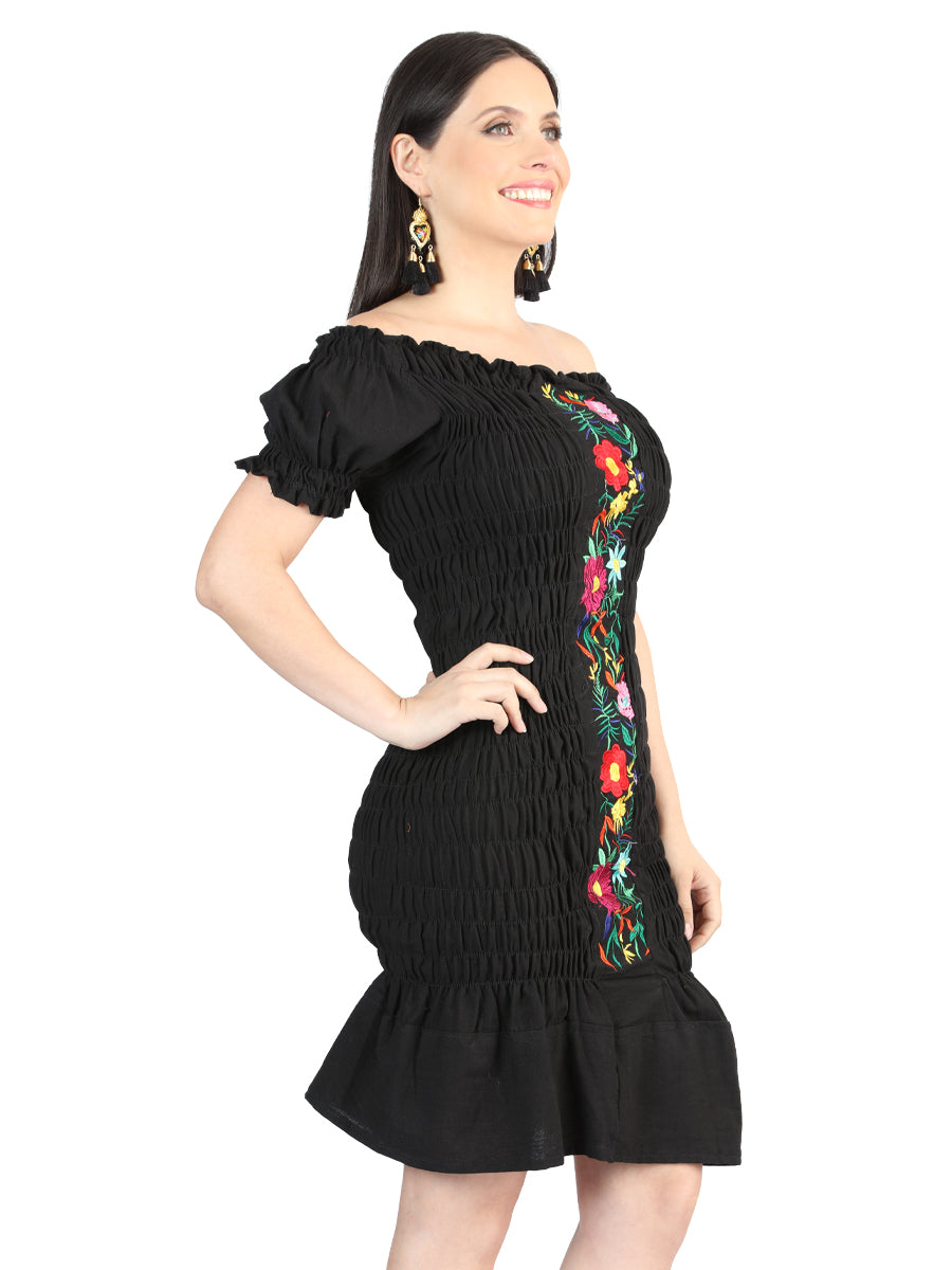Artisanal Embroidered Dress 100% Cotton Black 604007