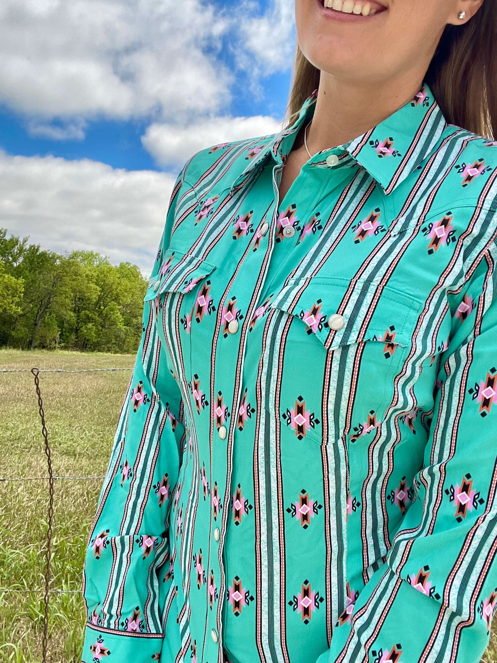 Women's Wrangler Retro® Long Sleeve Southwestern Stripe Western Snap Shirt In Green Print - SALE